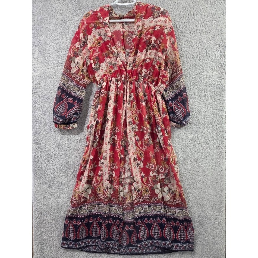 Umgee Sheer Kimono Cardigan Cover Up Women's Medium Red Floral Paisley Robe Boho